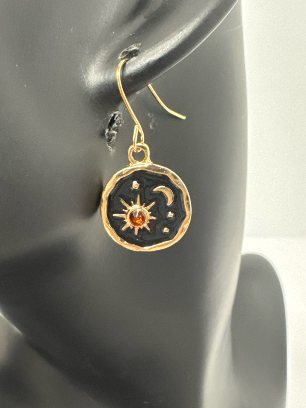 Gold-Tone Black Sun & Moon Drop Earrings with Amber Stone